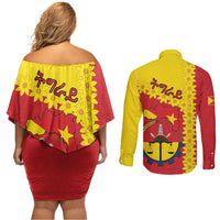 Tigray Region Couples Matching Off Shoulder Short Dress and Long Sleeve Button Shirt Tigray Emblem With Flag Map