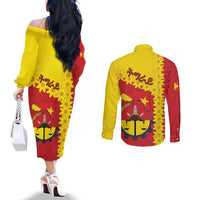 Tigray Region Couples Matching Off The Shoulder Long Sleeve Dress and Long Sleeve Button Shirt Tigray Emblem With Flag Map