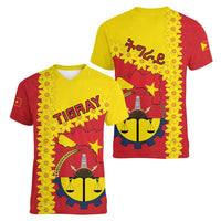 Tigray Region Women V-Neck T-Shirt Tigray Emblem With Flag Map
