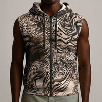 African Safari Zebra Leopard Swirl Pattern Sleeveless Zip Hoodie