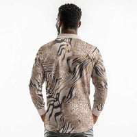 African Zebra Leopard Pattern Long Sleeve Polo Shirt Sand Taupe Beige