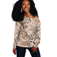 African Zebra Leopard Pattern Off Shoulder Sweater Sand Taupe Beige