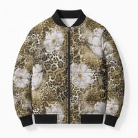 African Leopard Floral Pattern Bomber Puffer Jacket Sahara Pearl