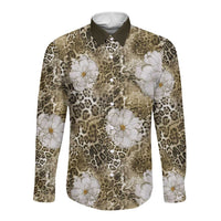 African Leopard Floral Pattern Long Sleeve Button Shirt Sahara Pearl