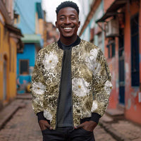 African Leopard Floral Pattern Sleeve Zip Bomber Jacket Sahara Pearl