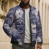 African Leopard Floral Pattern Bomber Puffer Jacket Nile Indigo