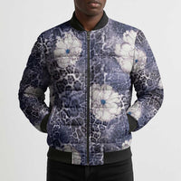 African Leopard Floral Pattern Bomber Puffer Jacket Nile Indigo