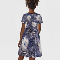 African Leopard Floral Pattern Kid Short Sleeve Dress Nile Indigo