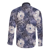 African Leopard Floral Pattern Long Sleeve Button Shirt Nile Indigo