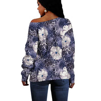 African Leopard Floral Pattern Off Shoulder Sweater Nile Indigo