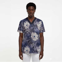 African Leopard Floral Pattern Scrub Top Nile Indigo