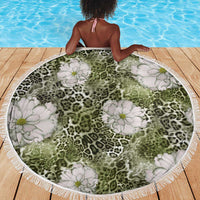 African Leopard Floral Pattern Beach Blanket Safari Moss