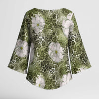 African Leopard Floral Pattern Kimono Sleeve Blouse Safari Moss