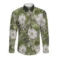 African Leopard Floral Pattern Long Sleeve Button Shirt Safari Moss