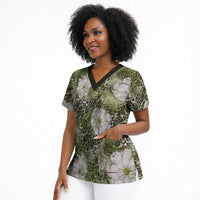 African Leopard Floral Pattern Scrub Top Safari Moss