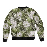 African Leopard Floral Pattern Sleeve Zip Bomber Jacket Safari Moss