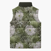African Leopard Floral Pattern Sleeveless Puffer Jacket Safari Moss