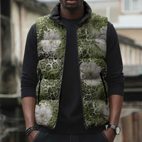 African Leopard Floral Pattern Sleeveless Puffer Jacket Safari Moss