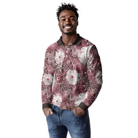 African Leopard Floral Pattern Long Sleeve Polo Shirt Sunset Mauve