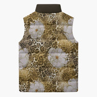 African Leopard Floral Pattern Sleeveless Puffer Jacket Savannah Gold