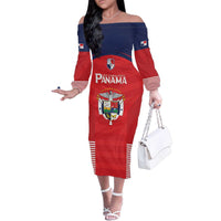 Custom Panama Football Family Matching Off The Shoulder Long Sleeve Dress and Hawaiian Shirt Go Los Canaleros Go