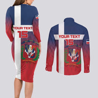 Custom Dominican Republic Football Couples Matching Long Sleeve Bodycon Dress and Long Sleeve Button Shirt Come On Los Quisqueyanos