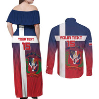 Custom Dominican Republic Football Couples Matching Off Shoulder Maxi Dress and Long Sleeve Button Shirt Come On Los Quisqueyanos