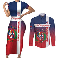 Custom Dominican Republic Football Couples Matching Short Sleeve Bodycon Dress and Long Sleeve Button Shirt Come On Los Quisqueyanos