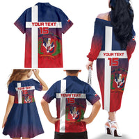 Custom Dominican Republic Football Family Matching Off The Shoulder Long Sleeve Dress and Hawaiian Shirt Come On Los Quisqueyanos
