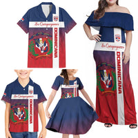 Custom Dominican Republic Football Family Matching Off Shoulder Maxi Dress and Hawaiian Shirt Come On Los Quisqueyanos