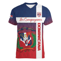 Custom Dominican Republic Football Women V-Neck T-Shirt Come On Los Quisqueyanos