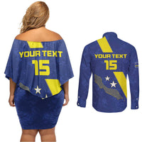 Custom Curacao Football Couples Matching Off Shoulder Short Dress and Long Sleeve Button Shirt Go La Familia Azul