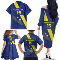 Custom Curacao Football Family Matching Off The Shoulder Long Sleeve Dress and Hawaiian Shirt Go La Familia Azul