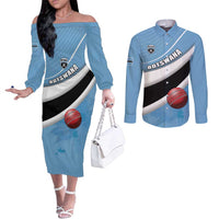 Custom Botswana Cricket Couples Matching Off The Shoulder Long Sleeve Dress and Long Sleeve Button Shirt Go Baggy Blues - Wonder Print Shop