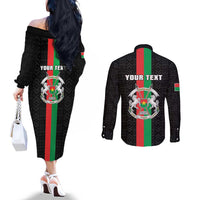 Personalized Burkina Faso Striped Couples Matching Off The Shoulder Long Sleeve Dress and Long Sleeve Button Shirt African Mud Cloth Pattern - Black - Wonder Print Shop