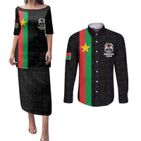 Personalized Burkina Faso Striped Couples Matching Puletasi and Long Sleeve Button Shirt African Mud Cloth Pattern - Black - Wonder Print Shop