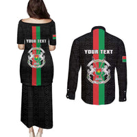 Personalized Burkina Faso Striped Couples Matching Puletasi and Long Sleeve Button Shirt African Mud Cloth Pattern - Black - Wonder Print Shop