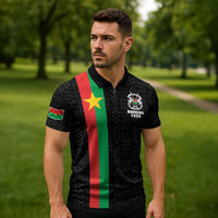 Personalized Burkina Faso Striped Zipper Polo Shirt African Mud Cloth Pattern - Black - Wonder Print Shop
