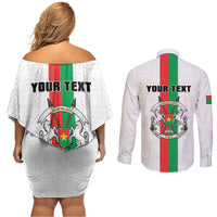 Personalized Burkina Faso Striped Couples Matching Off Shoulder Short Dress and Long Sleeve Button Shirt African Mud Cloth Pattern - White - Wonder Print Shop