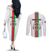 Personalized Burkina Faso Striped Couples Matching Off The Shoulder Long Sleeve Dress and Long Sleeve Button Shirt African Mud Cloth Pattern - White - Wonder Print Shop