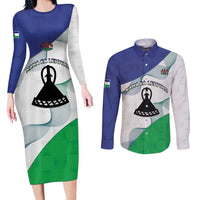 Personalized Lesotho Couples Matching Long Sleeve Bodycon Dress and Long Sleeve Button Shirt Coat Of Arms With Kente Pattern - Wonder Print Shop