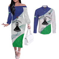 Personalized Lesotho Couples Matching Off The Shoulder Long Sleeve Dress and Long Sleeve Button Shirt Coat Of Arms With Kente Pattern - Wonder Print Shop