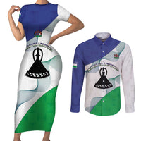 Personalized Lesotho Couples Matching Short Sleeve Bodycon Dress and Long Sleeve Button Shirt Coat Of Arms With Kente Pattern - Wonder Print Shop