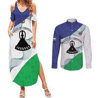Personalized Lesotho Couples Matching Summer Maxi Dress and Long Sleeve Button Shirt Coat Of Arms With Kente Pattern - Wonder Print Shop
