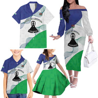 Personalized Lesotho Family Matching Off The Shoulder Long Sleeve Dress and Hawaiian Shirt Coat Of Arms With Kente Pattern - Wonder Print Shop