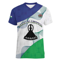 Personalized Lesotho Women V-Neck T-Shirt Coat Of Arms With Kente Pattern - Wonder Print Shop