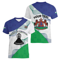 Personalized Lesotho Women V-Neck T-Shirt Coat Of Arms With Kente Pattern - Wonder Print Shop