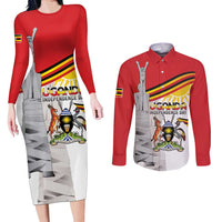 Personalized Uganda Independence Day Couples Matching Long Sleeve Bodycon Dress and Long Sleeve Button Shirt Independence Monument - Coat Of Arms - Wonder Print Shop