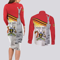 Personalized Uganda Independence Day Couples Matching Long Sleeve Bodycon Dress and Long Sleeve Button Shirt Independence Monument - Coat Of Arms - Wonder Print Shop