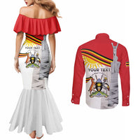 Personalized Uganda Independence Day Couples Matching Mermaid Dress and Long Sleeve Button Shirt Independence Monument - Coat Of Arms - Wonder Print Shop